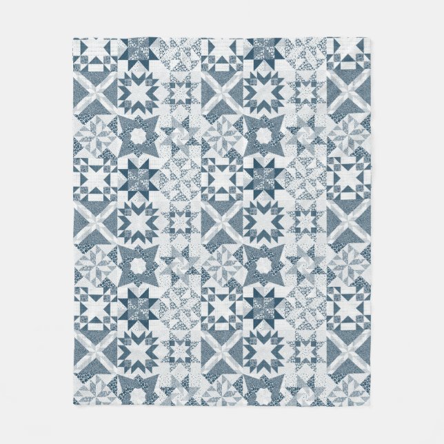 Cheater Traditional Patchwork Stars Quilt Blue Fleece Blanket (Front)