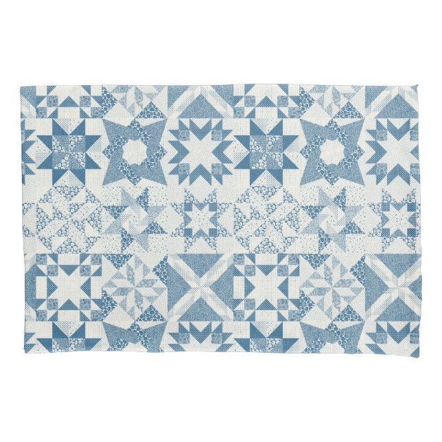 Cheater Traditional Patchwork Stars Quilt Blue Pillowcase (Front)