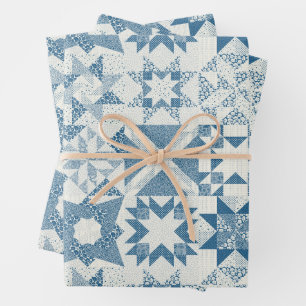 Cheater Traditional Patchwork Stars Quilt Blue Wrapping Paper Sheet