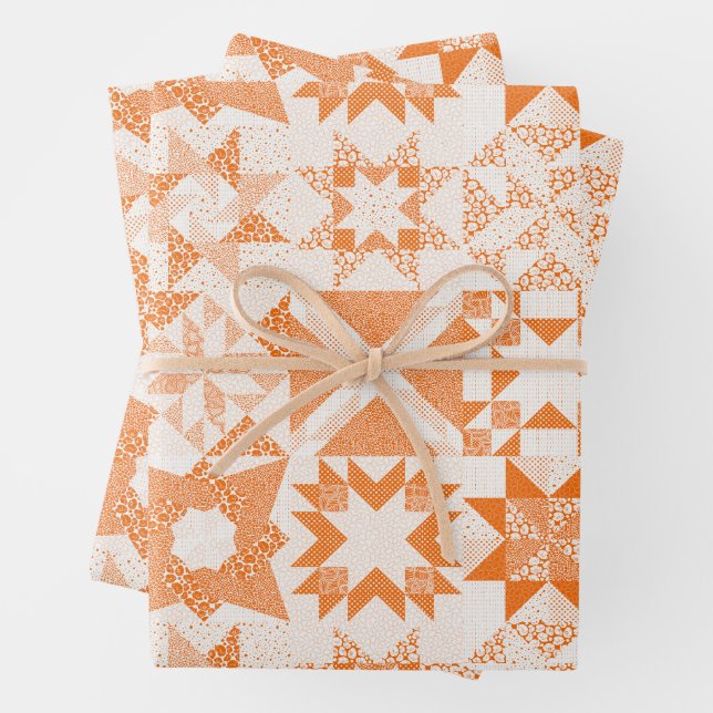 Cheater Traditional Patchwork Stars Quilt Orange Wrapping Paper Sheet (In situ)