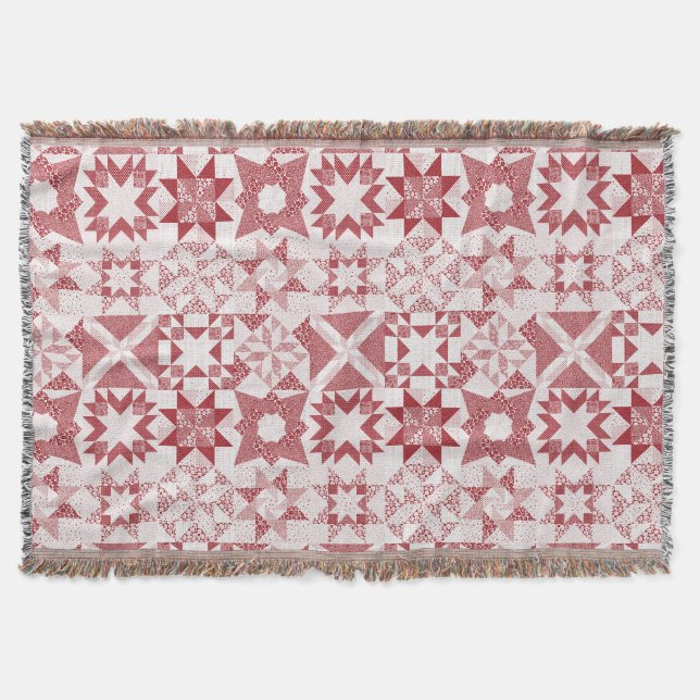 Cheater Traditional Patchwork Stars Quilt Red Throw Blanket (Front)