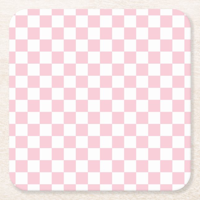 Check Baby Pink And White Chequerboard Pattern Square Paper Coaster (Front)