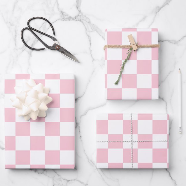 Check Baby Pink And White Chequerboard Pattern Wrapping Paper Sheet (Front)