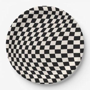 Check Black And Cream White Pattern Checkerboard Paper Plate
