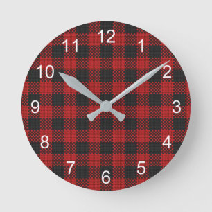 Check Buffalo Plaid Pattern Rustic Red Black Round Clock