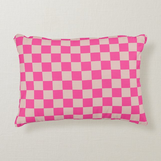 Check Coral Pink Chequered Pattern Chequerboard Accent Pillow (Front)