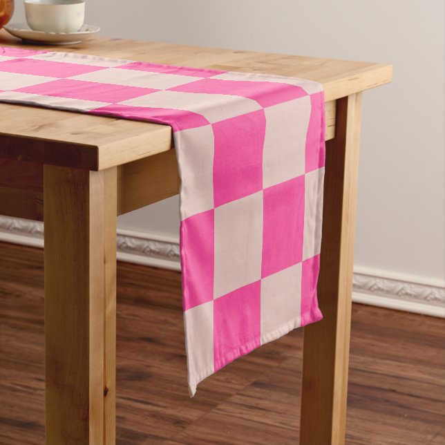 Check Coral Pink Chequered Pattern Chequerboard Short Table Runner (In Situ)
