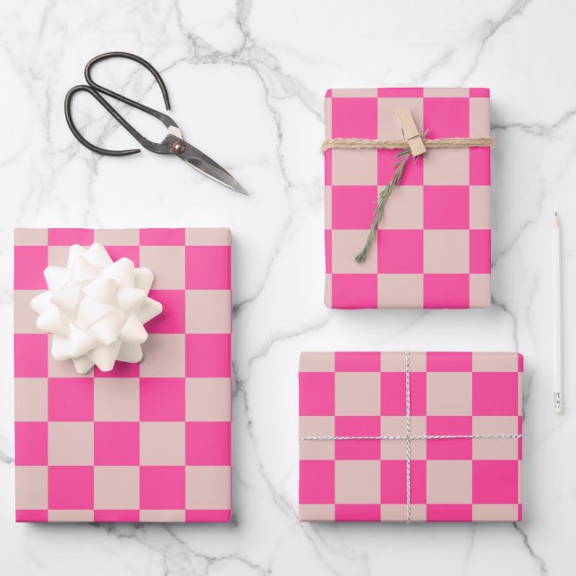 Check Coral Pink Chequered Pattern Chequerboard Wrapping Paper Sheet (Front)