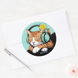 CHECK MEO Brown Cat with Headphones – Personalized Classic Round Sticker