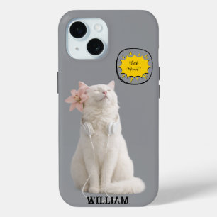 CHECK MEO White Cat with Headphones – Personalized iPhone 15 Case