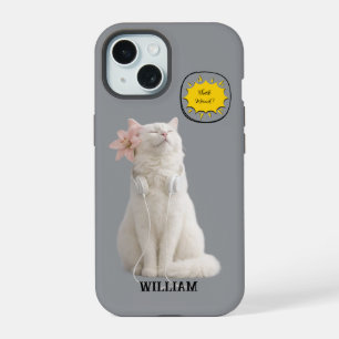 CHECK MEO White Cat with Headphones – Personalized iPhone 15 Case