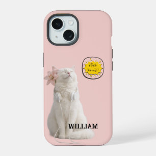 CHECK MEO White Cat with Headphones – Personalized iPhone 15 Case