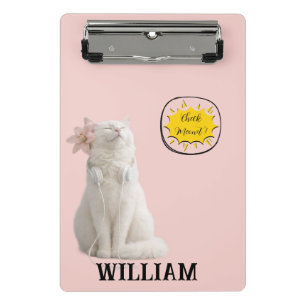 CHECK MEO White Cat with Headphones – Personalized Mini Clipboard