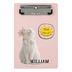 CHECK MEO White Cat with Headphones – Personalized Mini Clipboard