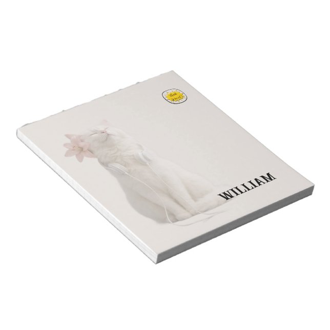 CHECK MEO White Cat with Headphones – Personalized Notepad (Angled)