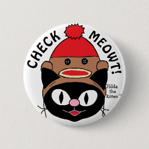 CHECK MEOWT! Black Cartoon Cat w/ Sock Monkey Hat 2 Inch Round Button