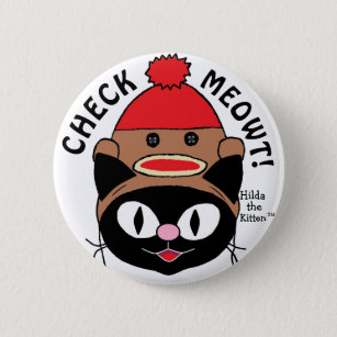 CHECK MEOWT! Black Cartoon Cat w/ Sock Monkey Hat 2 Inch Round Button
