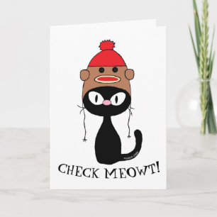 Check Meowt! Black Cat w Sock Monkey Hat Birthday Card