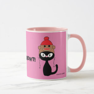 Check Meowt! Cartoon Black Cat w/ Sock Monkey Hat Mug