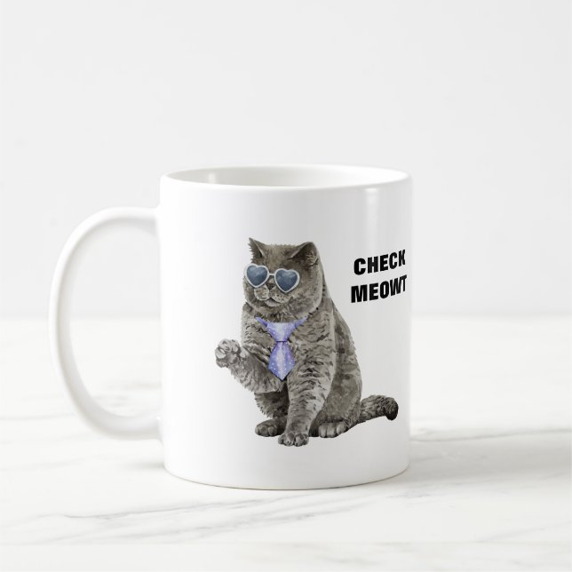 Check Meowt Cat with Sunglasses and Tie Funny Coffee Mug (Left)
