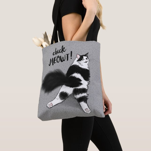 Check Meowt! Funny Cat Sploot Black and White Cat Tote Bag (Close Up)