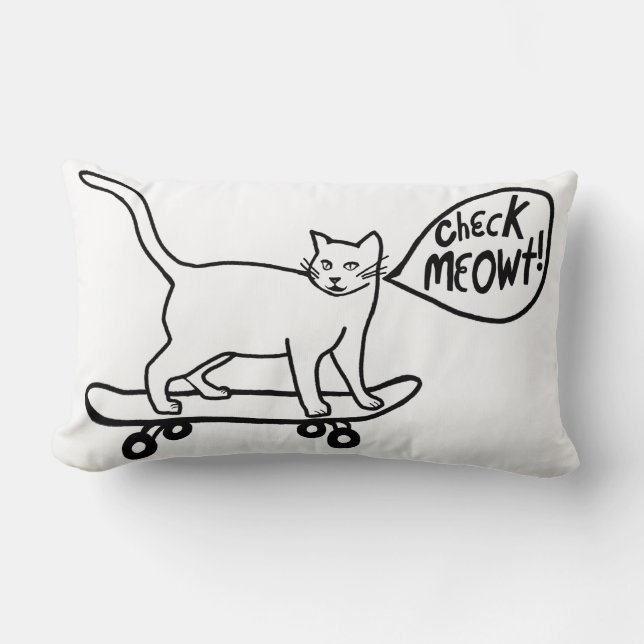 Check Meowt Punny Skateboarding Cat Black White Lumbar Pillow (Front)