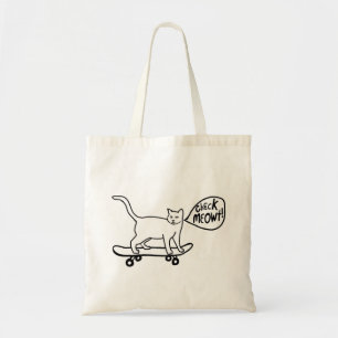 Check Meowt Punny Skateboarding Cat Black White Tote Bag
