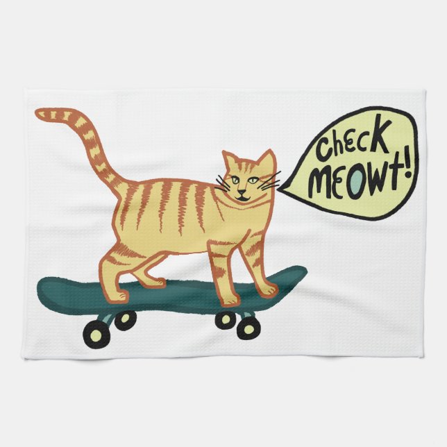 Check Meowt Punny Skateboarding Tabby Cat Kitchen Towel (Horizontal)