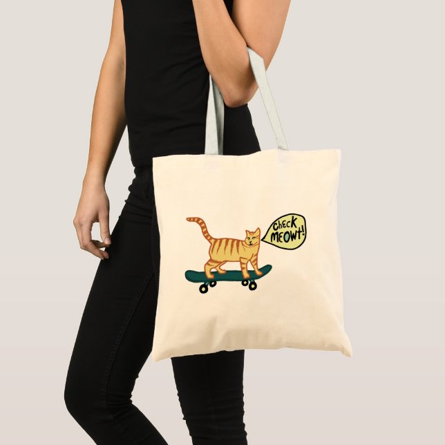 Check Meowt Punny Skateboarding Tabby Cat Tote Bag (Front (Product))