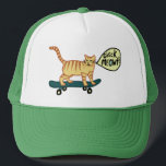 Check Meowt Punny Skateboarding Tabby Cat Trucker Hat<br><div class="desc">CHECK MEOWT! Have you ever seen a skateboarding cat?
 
 Check out this funny cat hat and check my shop for more matching items like mugs,  stickers and more. And of course more cat stuff too.
 
 Customize this with a name or other text.</div>