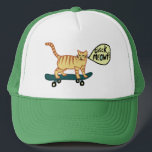 Check Meowt Punny Skateboarding Tabby Cat Trucker Hat<br><div class="desc">CHECK MEOWT! Have you ever seen a skateboarding cat?
 
 Check out this funny cat hat and check my shop for more matching items like mugs,  stickers and more. And of course more cat stuff too.
 
 Customize this with a name or other text.</div>