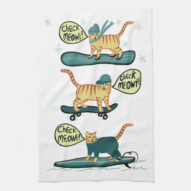 Check Meowt! Skateboard Surf Snowboard Tabby Cat Kitchen Towel (Vertical)