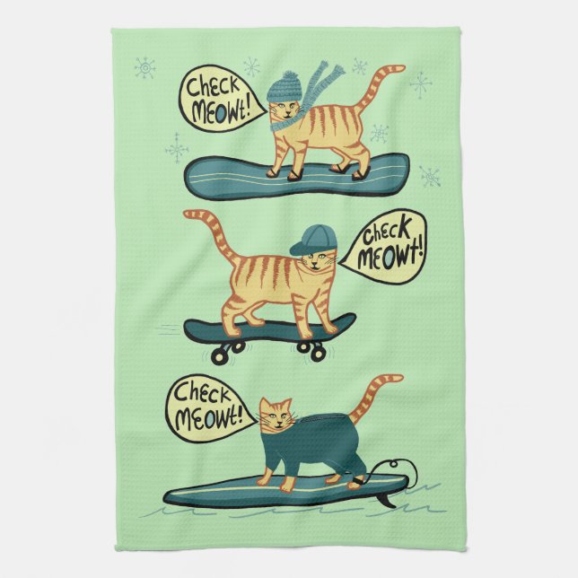 Check Meowt! Skateboard Surf Snowboard Tabby Cat Kitchen Towel (Vertical)