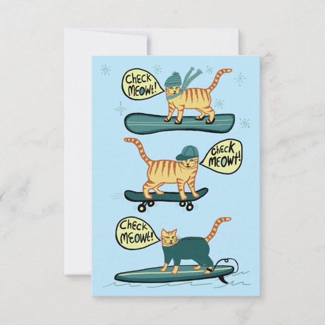 Check Meowt! Skateboard Surfer Snowboard Cat Card (Front)