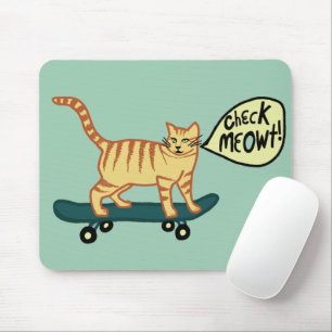 CHECK MEOWT Skateboarding Tabby Cat Green Mouse Pad