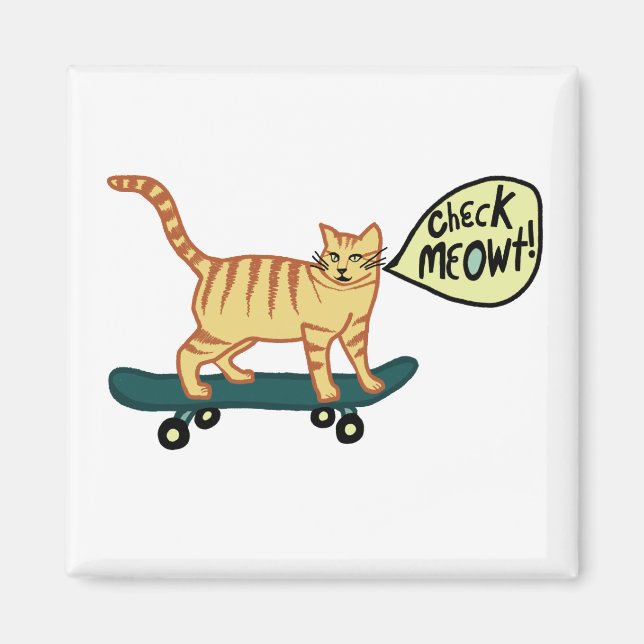 Check Meowt! Skateboarding Tabby Cat Magnet (Front)