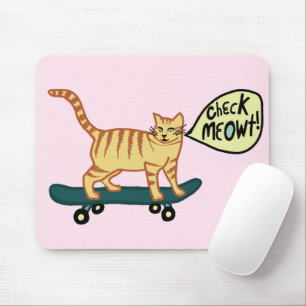 CHECK MEOWT Skateboarding Tabby Cat Pink Mouse Pad