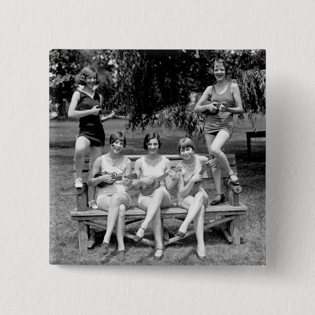 Check Out Those Ukuleles! - 1920s 2 Inch Square Button (Front)