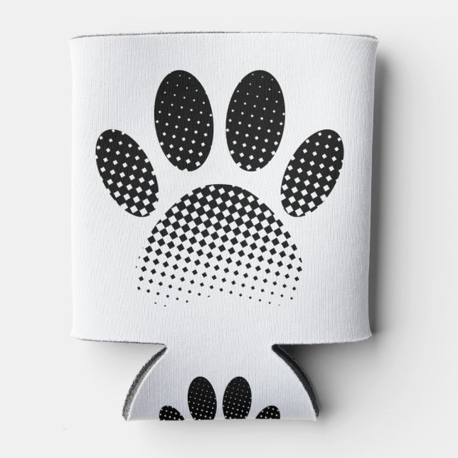 Check Pattern Halftone Dog Paw Print Can Cooler (Front)