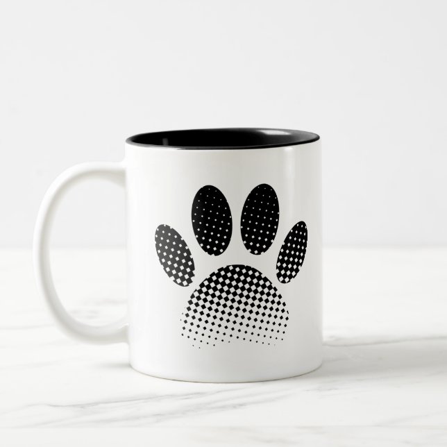 Check Pattern Halftone Dog Paw Print Two-Tone Coffee Mug (Left)