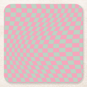 Check Pattern Mint Green And Pink Chequerboard Square Paper Coaster