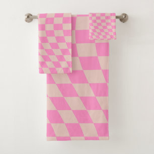 Check Pattern Peach And Pink Preppy Chequerboard Bath Towel Set