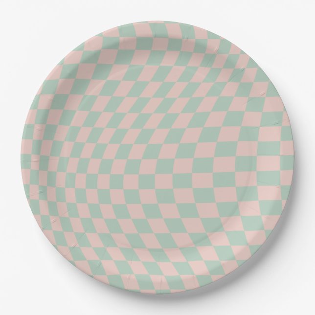 Check Pattern Sage Green And Beige Chequerboard Paper Plate (Front)