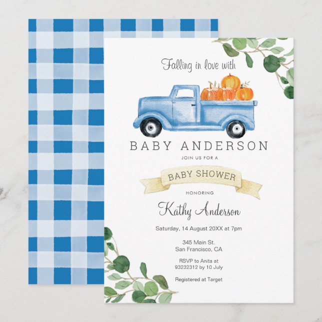 Check pattern Truck Pumpkin Baby Shower Invitation (Front/Back)