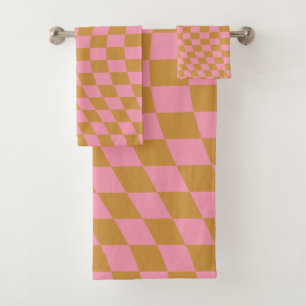Check Pink Mustard Chequered Pattern Chequerboard Bath Towel Set