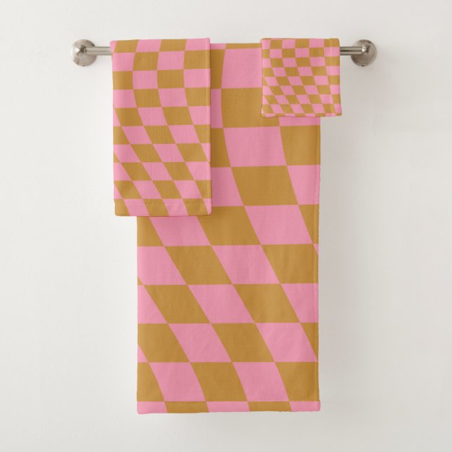 Check Pink Mustard Chequered Pattern Chequerboard Bath Towel Set (Insitu)