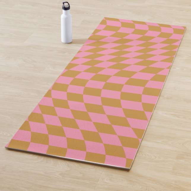 Check Pink Mustard Chequered Pattern Chequerboard Yoga Mat (In Situ)