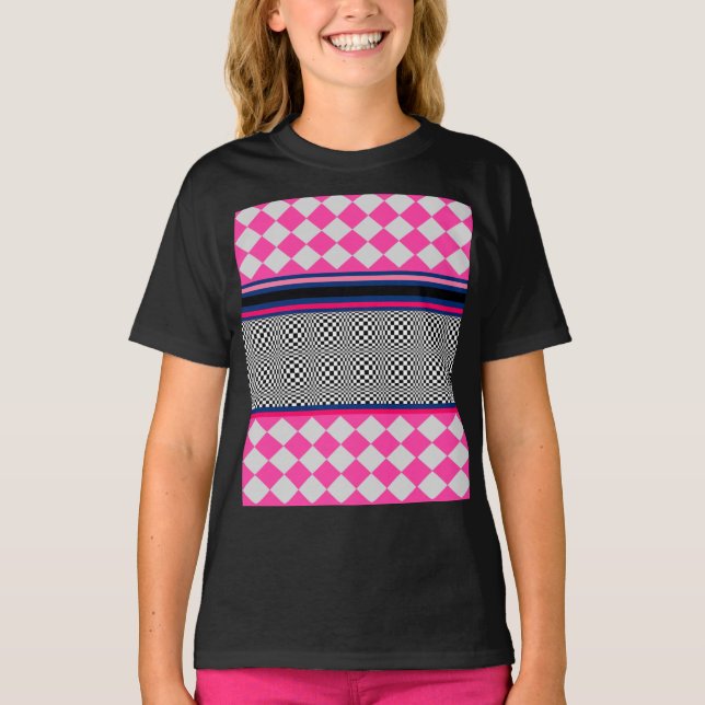 Check Stripes Harlequin Mixed Pattern Design T-Shirt (Front)