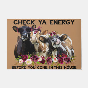 Check Ya Energy Cows Doormat, Cute Cow With Flower Doormat