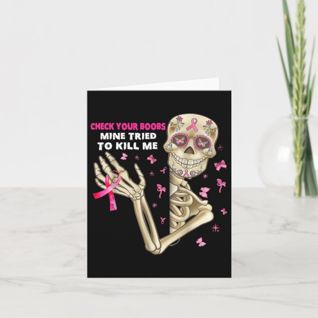 Check Your Breast Fun Skeleton Hand Breast Cancer  Card (Front)